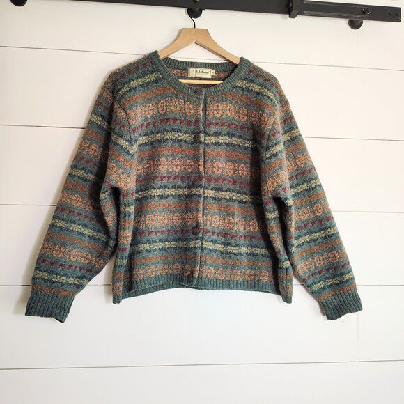 Vtg L.L. Bean Womens Wool Fair Isle Cardigan Sweater Button Front XL - Picture 1 of 8